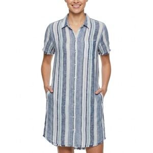 True Craft Shirt Dress Women Medium Blue Striped Linen Blend Short Sleeve Fringe